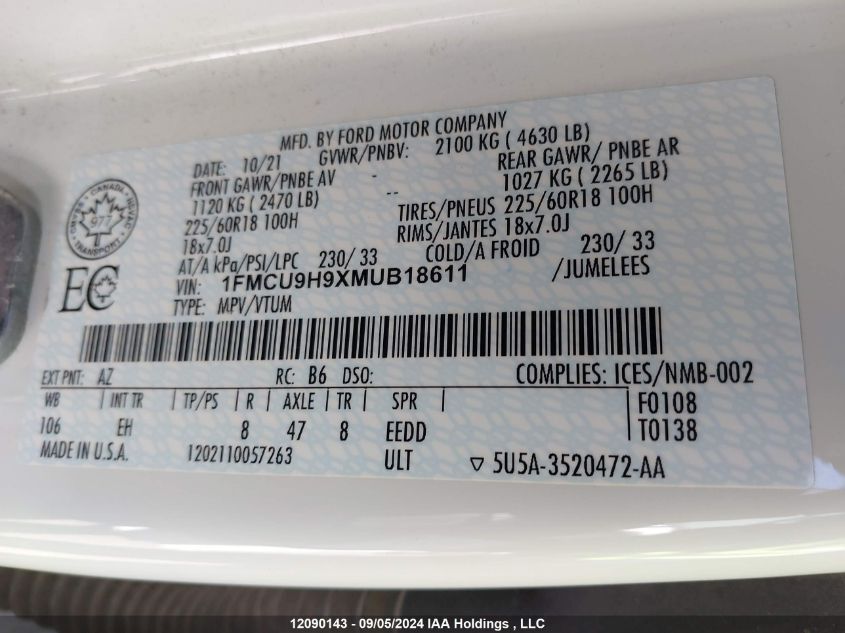 2021 Ford Escape Sel VIN: 1FMCU9H9XMUB18611 Lot: 12090143