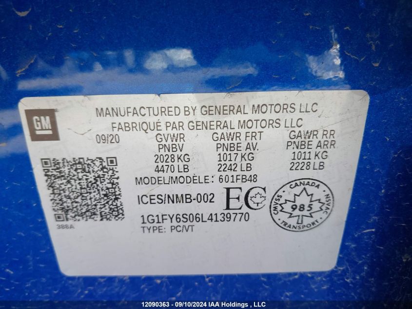 2020 Chevrolet Bolt Ev VIN: 1G1FY6S06L4139770 Lot: 12090363