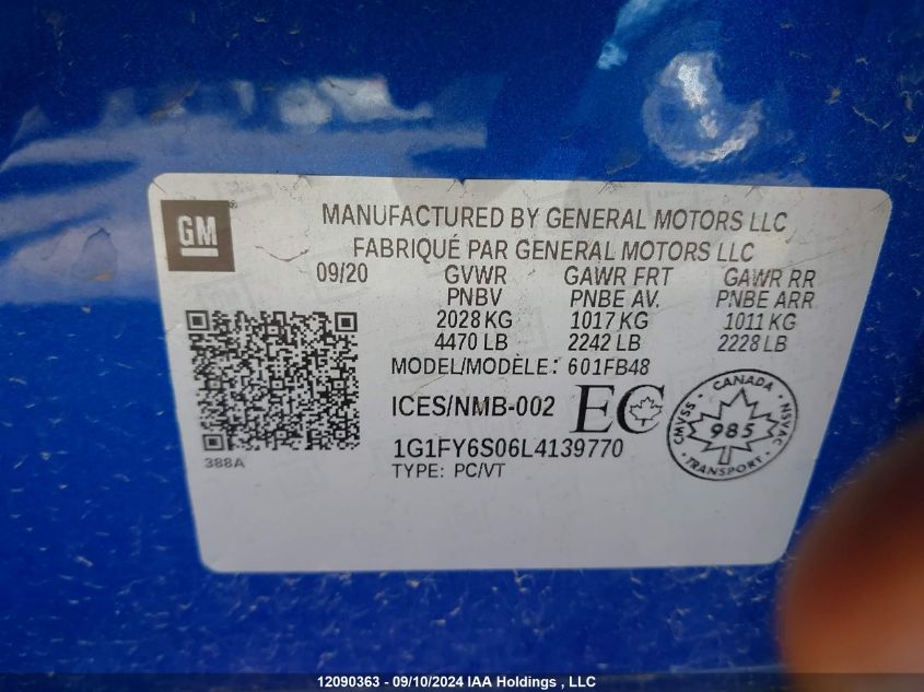 2020 Chevrolet Bolt Ev VIN: 1G1FY6S06L4139770 Lot: 12090363