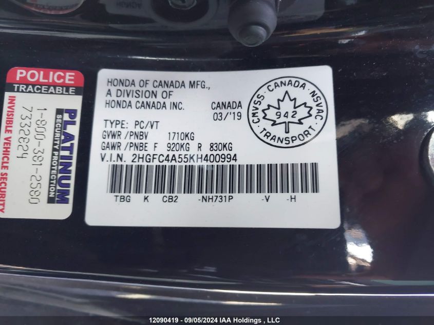 2HGFC4A55KH400994 2019 Honda Civic