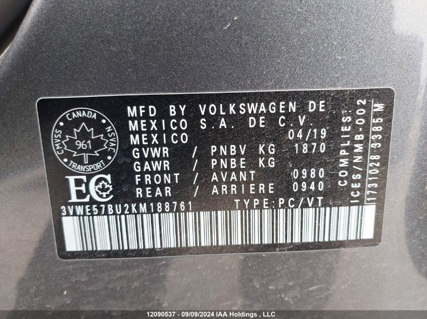 3VWE57BU2KM188761 2019 Volkswagen Jetta Sel