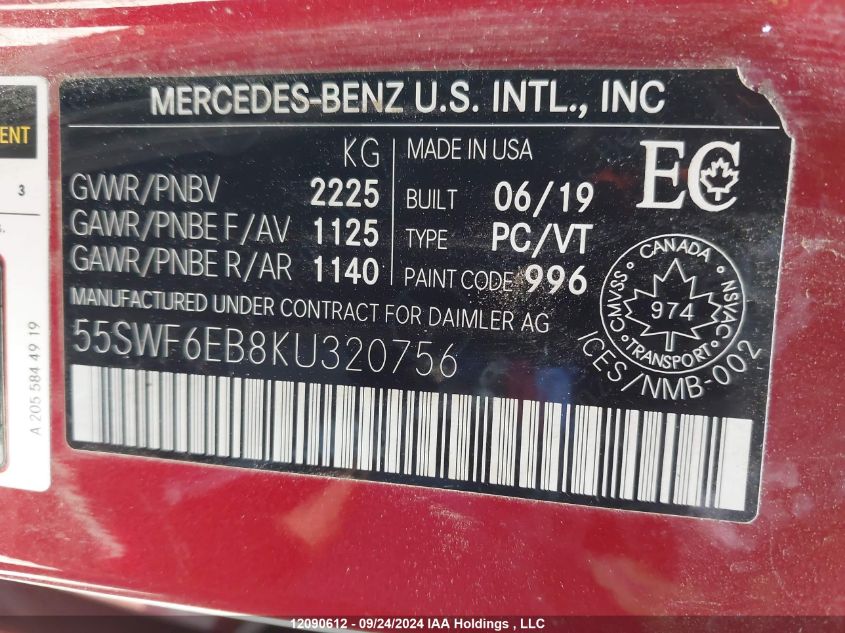 2019 Mercedes-Benz C 43 Amg VIN: 55SWF6EB8KU320756 Lot: 12090612