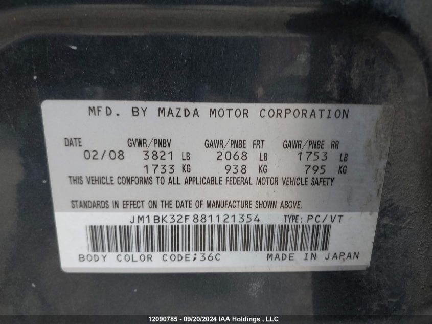 2008 Mazda Mazda3 VIN: JM1BK32F881121354 Lot: 12090785