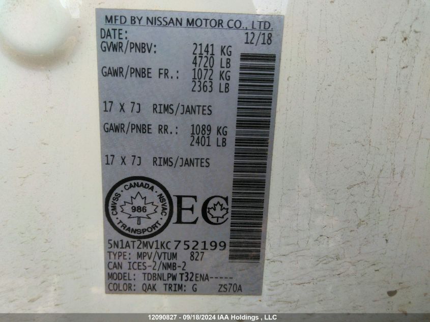 2019 Nissan Rogue VIN: 5N1AT2MV1KC752199 Lot: 12090827