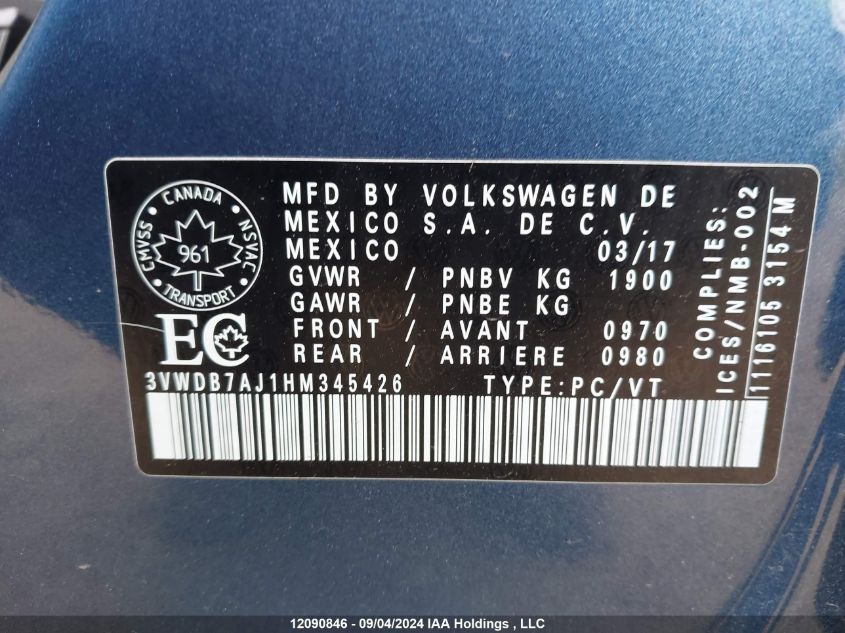 2017 Volkswagen Jetta Sedan VIN: 3VWDB7AJ1HM345426 Lot: 12090846