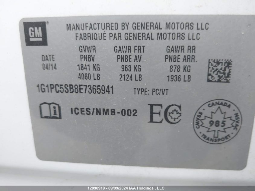 2014 Chevrolet Cruze VIN: 1G1PC5SB8E7365941 Lot: 12090919