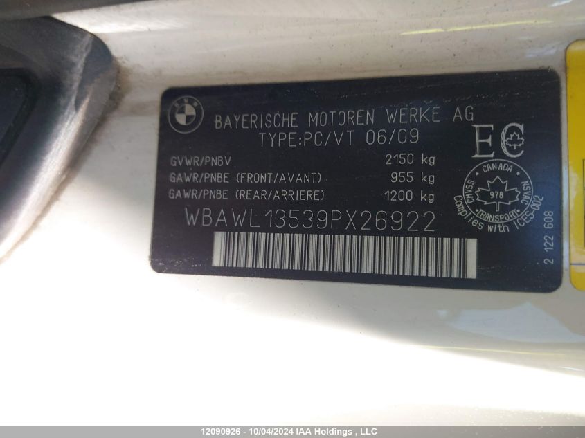 2009 BMW 3 Series VIN: WBAWL13539PX26922 Lot: 12090926