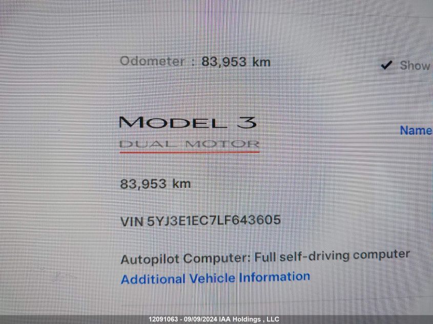 5YJ3E1EC7LF643605 2020 Tesla Model 3