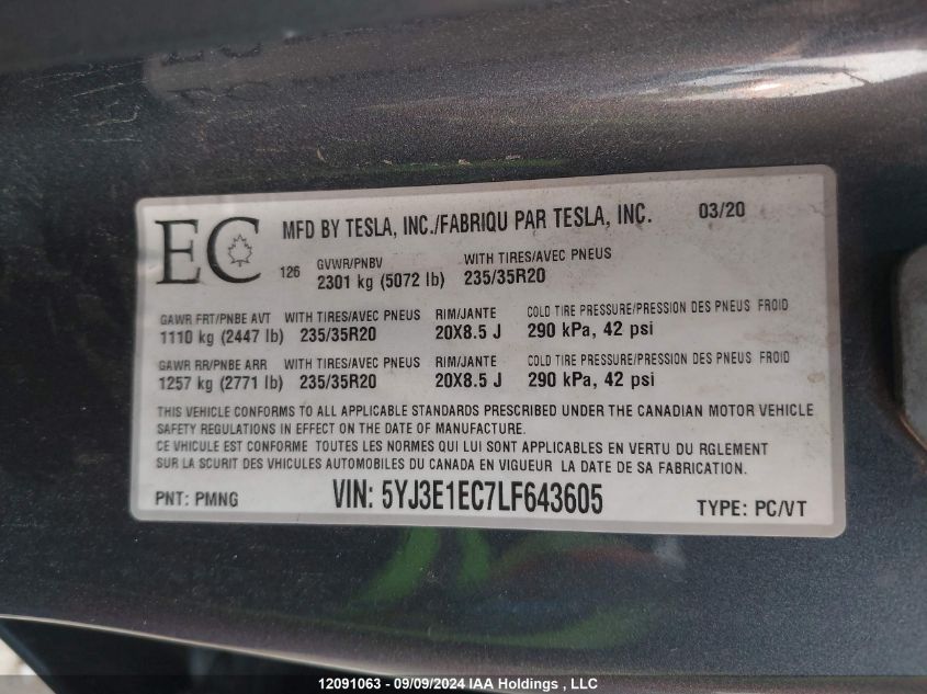 5YJ3E1EC7LF643605 2020 Tesla Model 3