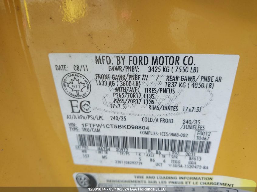 2011 Ford F-150 Xlt VIN: 1FTFW1CT5BKD98804 Lot: 12091074