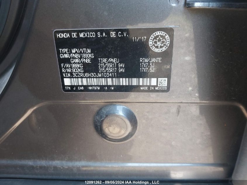 2018 Honda Hr-V VIN: 3CZRU6H30JM103411 Lot: 12091262
