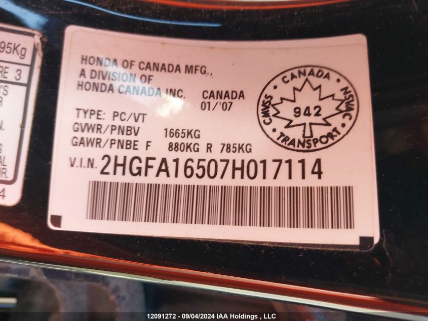 2007 Honda Civic Sdn VIN: 2HGFA16507H017114 Lot: 12091272