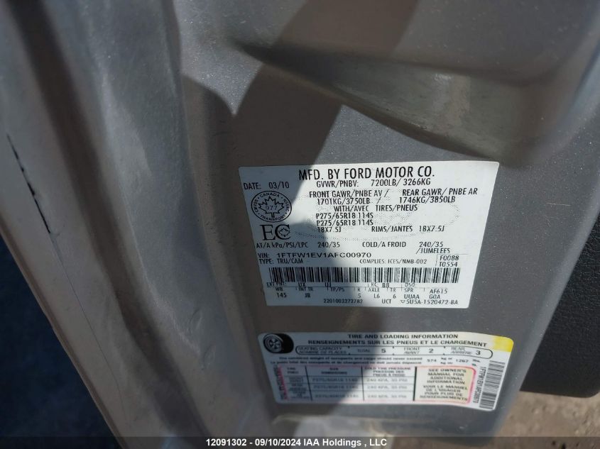 2010 Ford F-150 VIN: 1FTFW1EV1AFC00970 Lot: 12091302