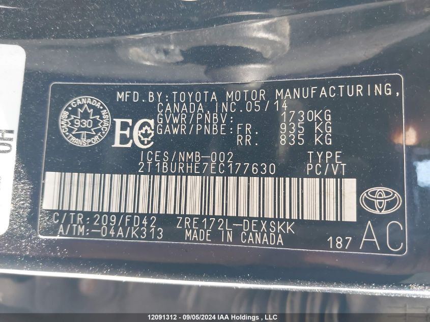 2014 Toyota Corolla Le VIN: 2T1BURHE7EC177630 Lot: 12091312