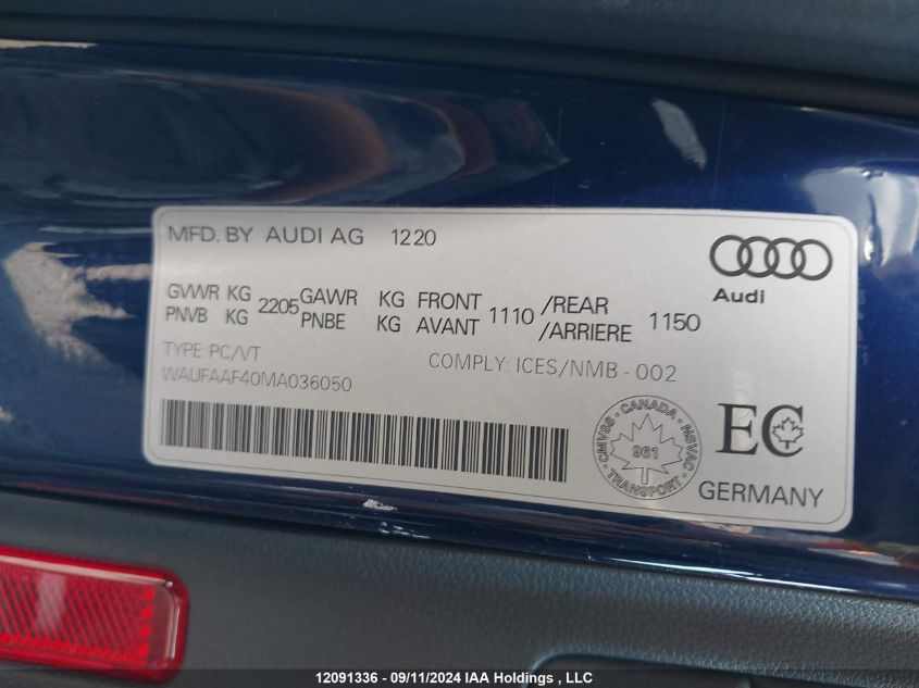 2021 Audi A4 Sedan VIN: WAUFAAF40MA036050 Lot: 12091336