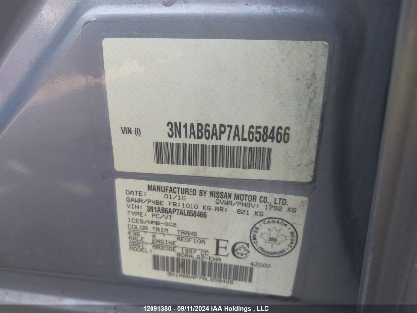2010 Nissan Sentra 2.0 VIN: 3N1AB6AP7AL658466 Lot: 12091380