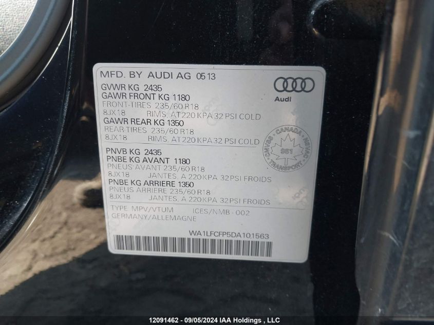 2013 Audi Q5 VIN: WA1LFCFP5DA101563 Lot: 12091462