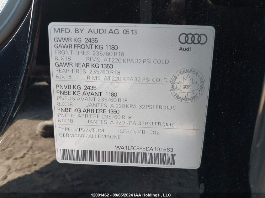 2013 Audi Q5 VIN: WA1LFCFP5DA101563 Lot: 12091462