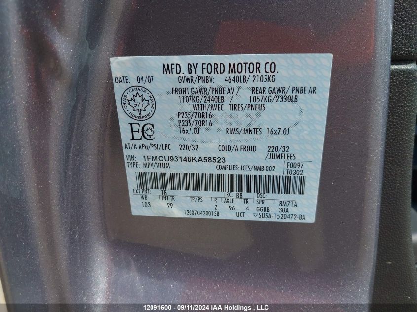 2008 Ford Escape VIN: 1FMCU93148KA58523 Lot: 12091600