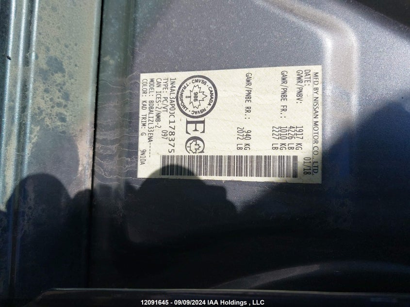 2018 Nissan Altima VIN: 1N4AL3AP0JC178375 Lot: 12091645