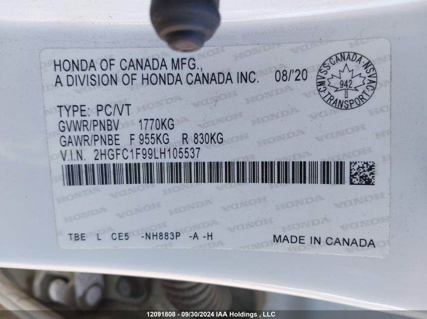 2020 Honda Civic Sedan VIN: 2HGFC1F99LH105537 Lot: 12091808