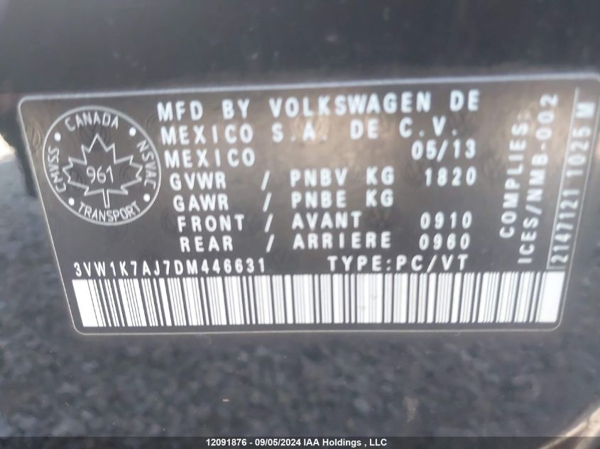 2013 Volkswagen Jetta Sedan VIN: 3VW1K7AJ7DM446631 Lot: 12091876