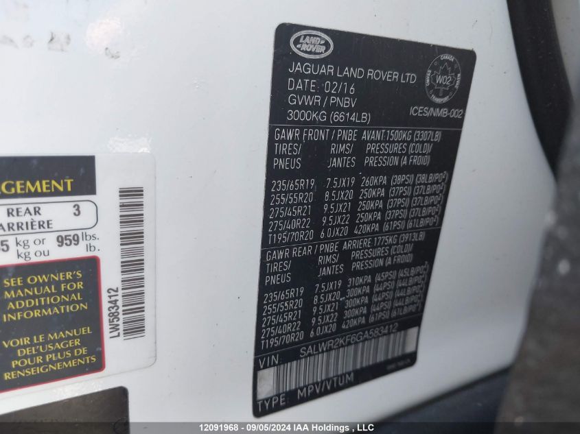 2016 Land Rover Range Rover Sport VIN: SALWR2KF6GA583412 Lot: 12091968