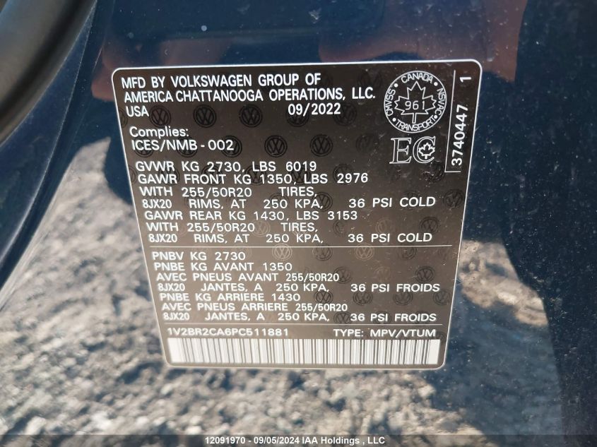 2023 Volkswagen Atlas VIN: 1V2BR2CA6PC511881 Lot: 12091970