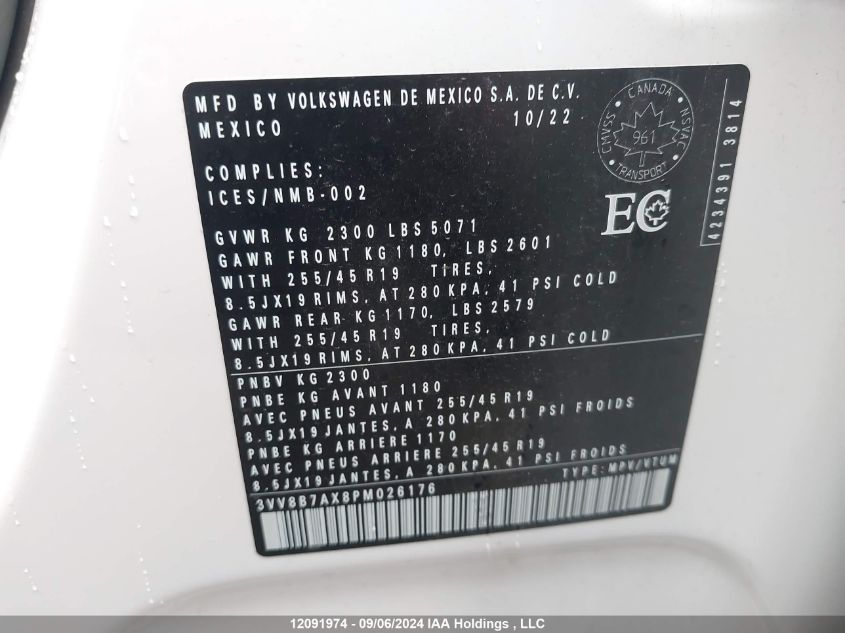 2023 Volkswagen Tiguan VIN: 3VV8B7AX8PM026176 Lot: 12091974