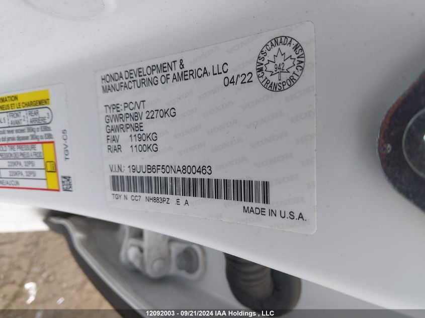 19UUB6F50NA800463 2022 Acura Tlx