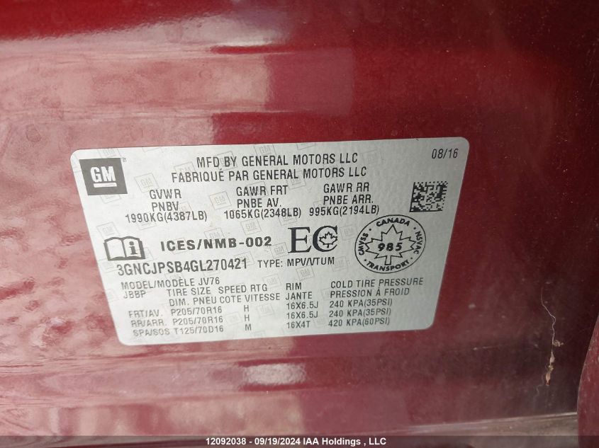 2016 Chevrolet Trax VIN: 3GNCJPSB4GL270421 Lot: 12092038