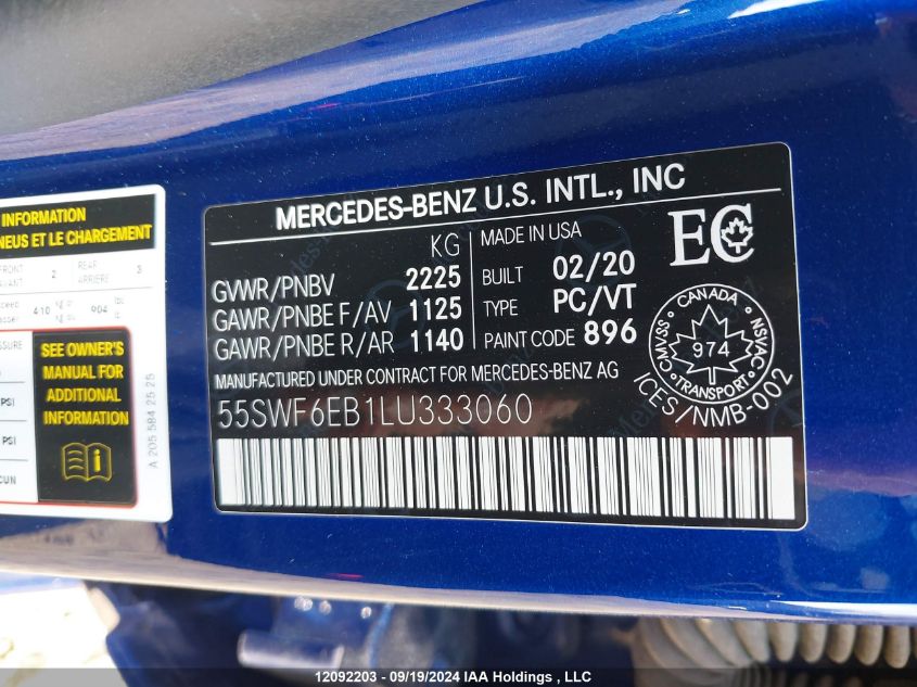 2020 Mercedes-Benz C 43 Amg VIN: 55SWF6EB1LU333060 Lot: 12092203