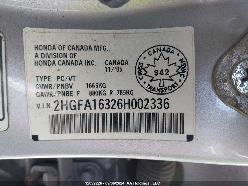 2HGFA16326H002336 2006 Honda Civic Dx Vp