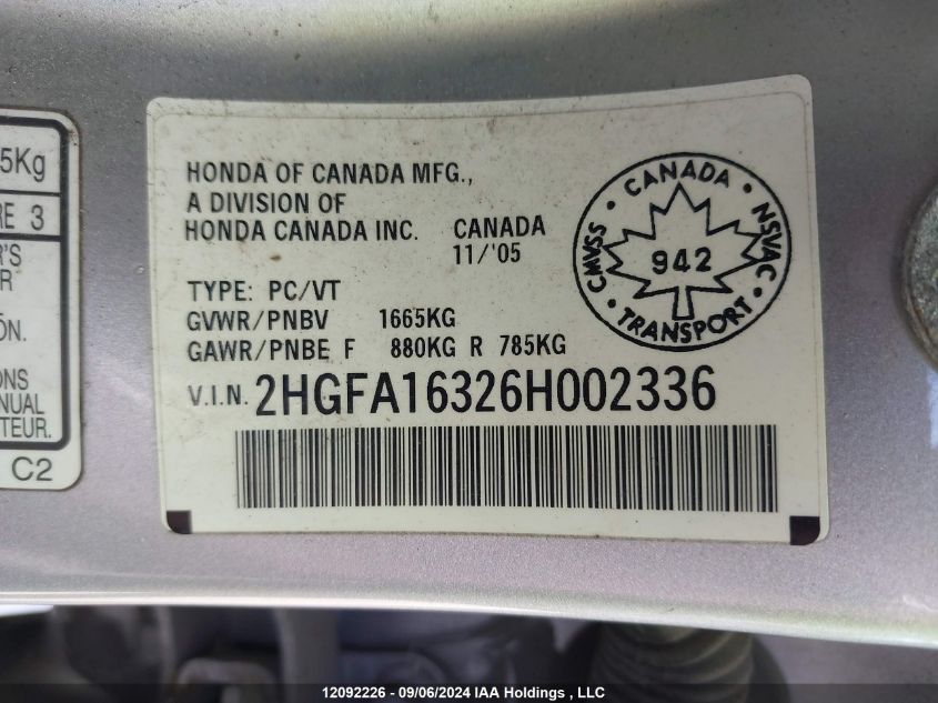 2HGFA16326H002336 2006 Honda Civic Dx Vp