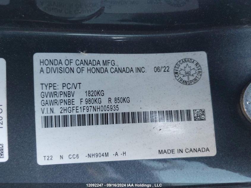 2HGFE1F97NH005935 2022 Honda Civic Sedan