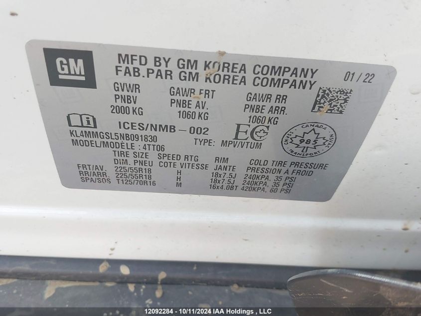 2022 Buick Encore Gx VIN: KL4MMGSL5NB091830 Lot: 12092284