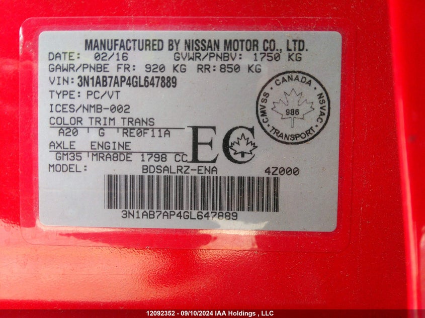 2016 Nissan Sentra S/Sv/Sr/Sl VIN: 3N1AB7AP4GL647889 Lot: 12092352