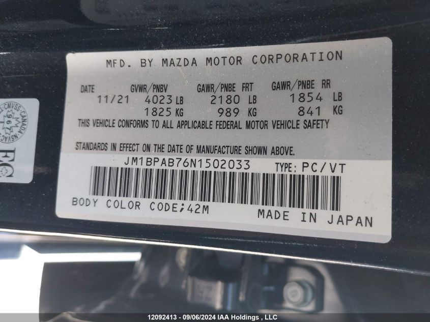 2022 Mazda Mazda3 VIN: JM1BPAB76N1502033 Lot: 12092413