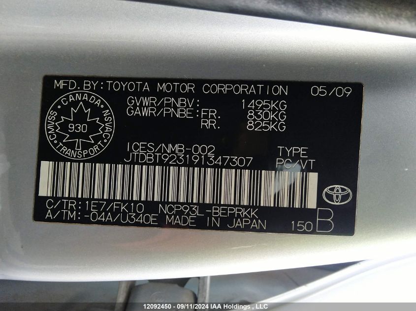 2009 Toyota Yaris VIN: JTDBT923191347307 Lot: 12092450