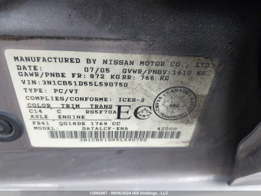 2005 Nissan Sentra VIN: 3N1CB51D55L590750 Lot: 12092487