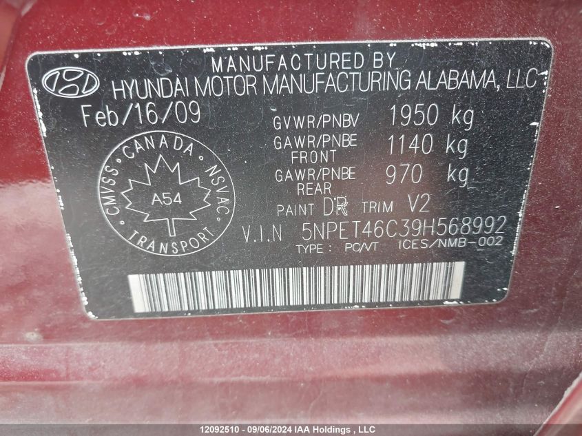 5NPET46C39H568992 2009 Hyundai Sonata