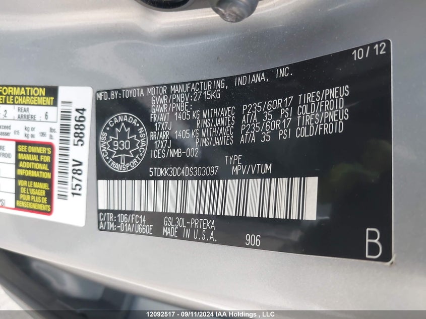 2013 Toyota Sienna Le VIN: 5TDKK3DC4DS303097 Lot: 12092517