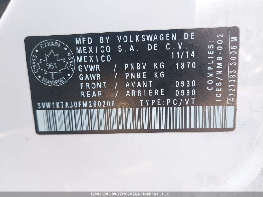 3VW1K7AJ0FM260206 2015 Volkswagen Jetta