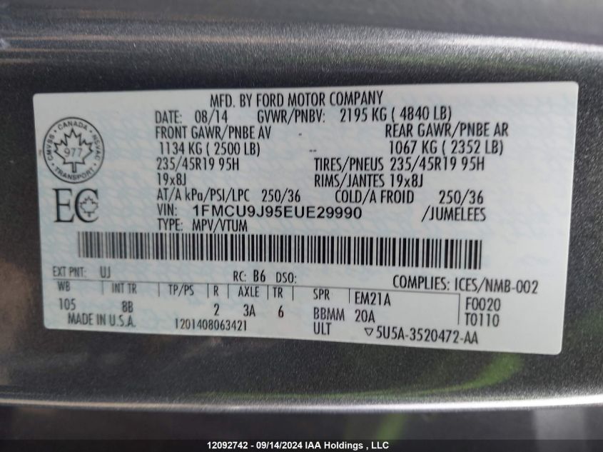 1FMCU9J95EUE29990 2014 Ford Escape Titanium