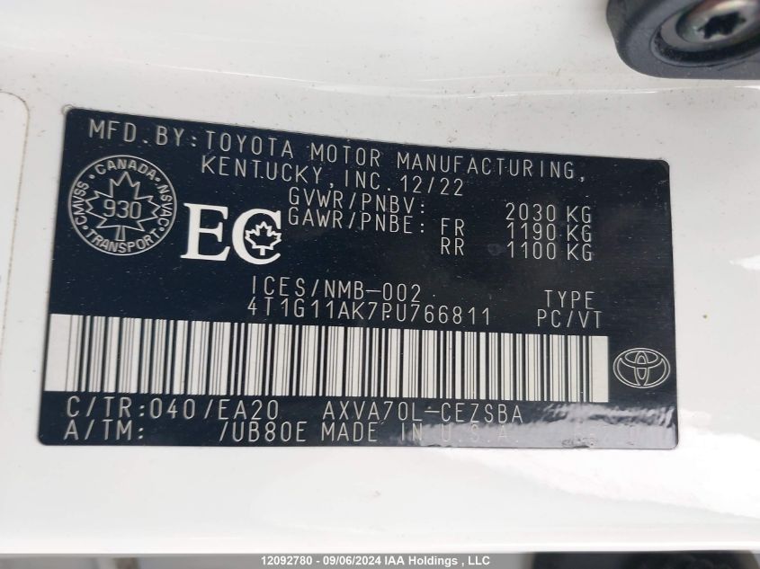 2023 Toyota Camry Se VIN: 4T1G11AK7PU766811 Lot: 12092780