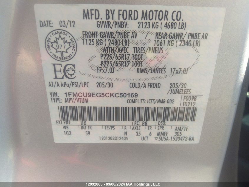 1FMCU9EG5CKC50169 2012 Ford Escape Limited