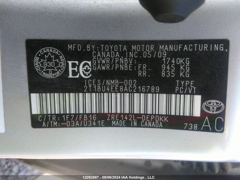 2010 Toyota Corolla S/Le/Xle VIN: 2T1BU4EE8AC216789 Lot: 12092887