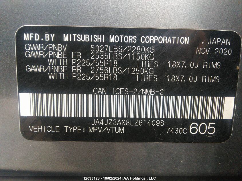 JA4JZ3AX8LZ614098 2020 Mitsubishi Outlander