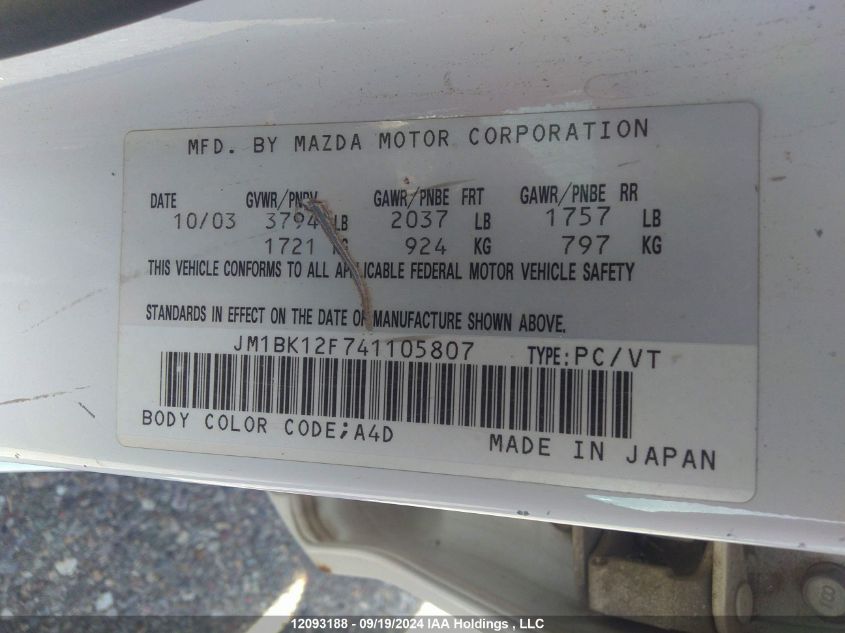 2004 Mazda Mazda3 VIN: JM1BK12F741105807 Lot: 12093188