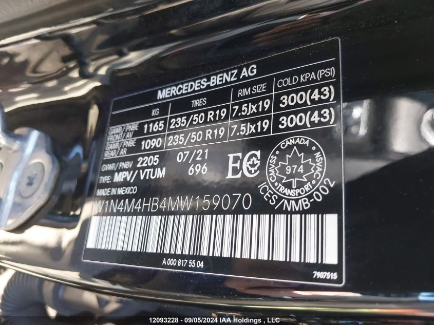 2021 Mercedes-Benz Glb VIN: W1N4M4HB4MW159070 Lot: 12093228